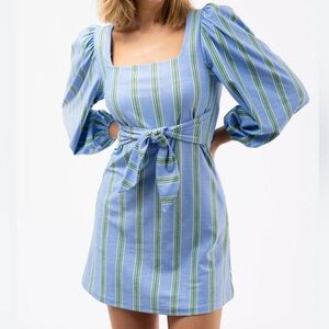 Chic Long Sleeve Mini Striped Dress in Blue and Green
